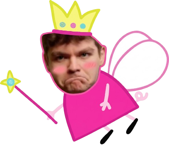 Playful unofficial fan caricature of Nick Fuentes as a crowned fairy-pig mascot with a wand